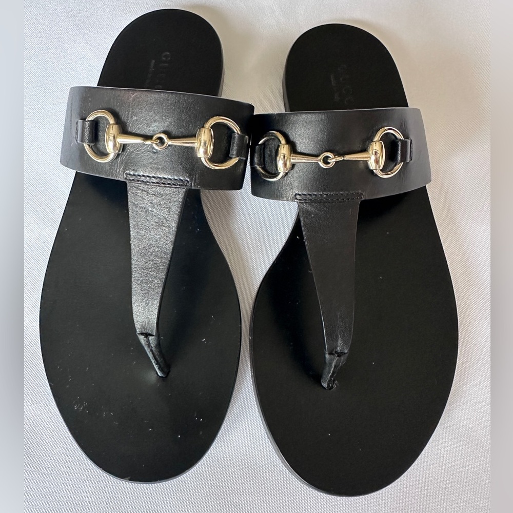 Gucci Black and Gold Sandals with Signature Horsebit